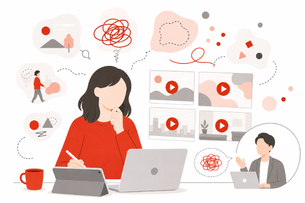 作りたい動画のイメージを言葉でうまく説明できずに悩んでいる様子のイラスト